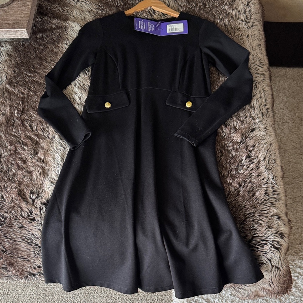 Seraphine Maternity elegant Black Long Sleeve Dress with Gold Button Accents 2